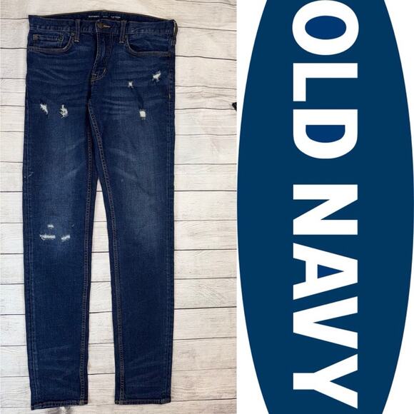 OLD NAVY Men's LONG Slim Taper Denim Jeans Dark Wash Distressed Size 32 x 38 - Picture 1 of 6